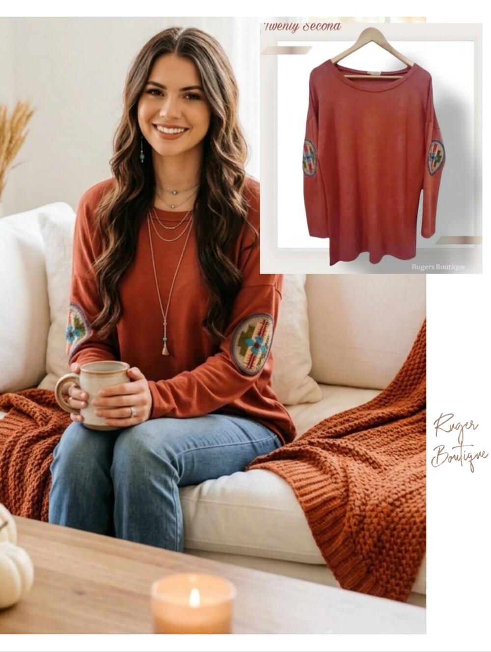 🌿Twenty Second Women's Rust Estimated Medium Aztec Elbow Pad Design Top